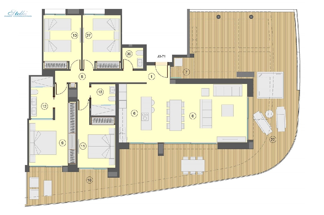 Etagen Apartment in Benidorm zu verkaufen, Wohnfläche 198 m², Zustand Erstbezug, + fussboden, Klimaanlage, 4 Schlafzimmer, 2 Badezimmer, Pool, ref.: HA-BEN-113-A04-18